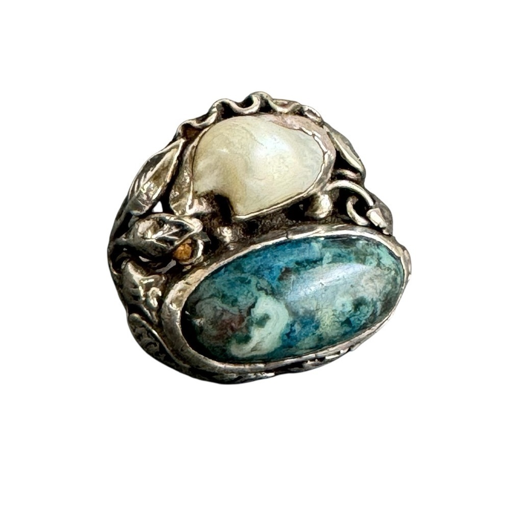 Vintage Art Nouveau‎ Ring Pearl Sterling Silver Arts & Crafts Blue Floral 8.25
